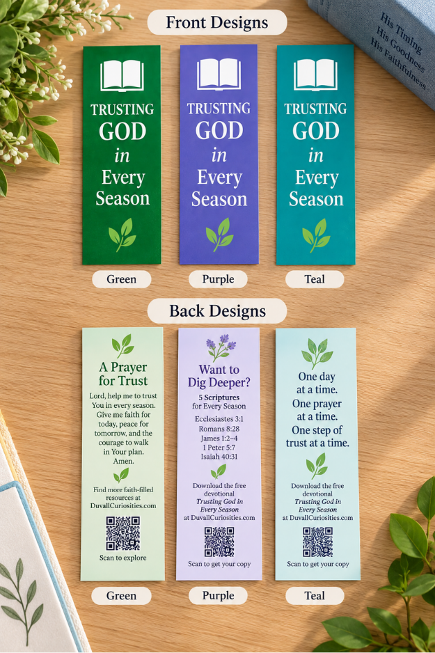 Trusting God in Every Season Christian bookmarks showing green, purple, and teal front and back designs with prayer, Scripture references, and devotional QR codes.