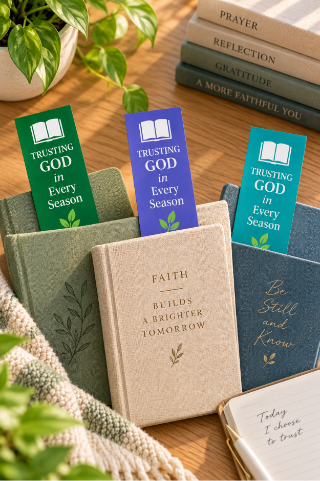 Trusting God in Every Season Christian bookmarks in green, purple, and teal tucked into coordinating faith journals on a warm wooden table.