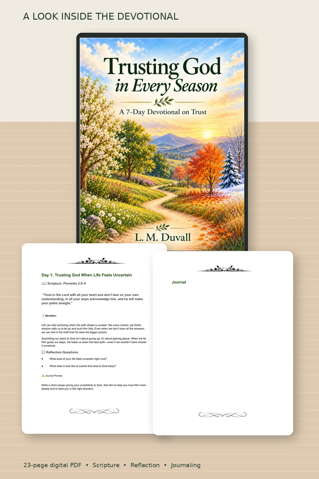 Preview of Trusting God in Every Season, a free 23-page Christian devotional PDF by L. M. Duvall, featuring the colorful seasonal cover, Day 1 Scripture and reflection on trusting God through uncertainty, and a personal journaling page.