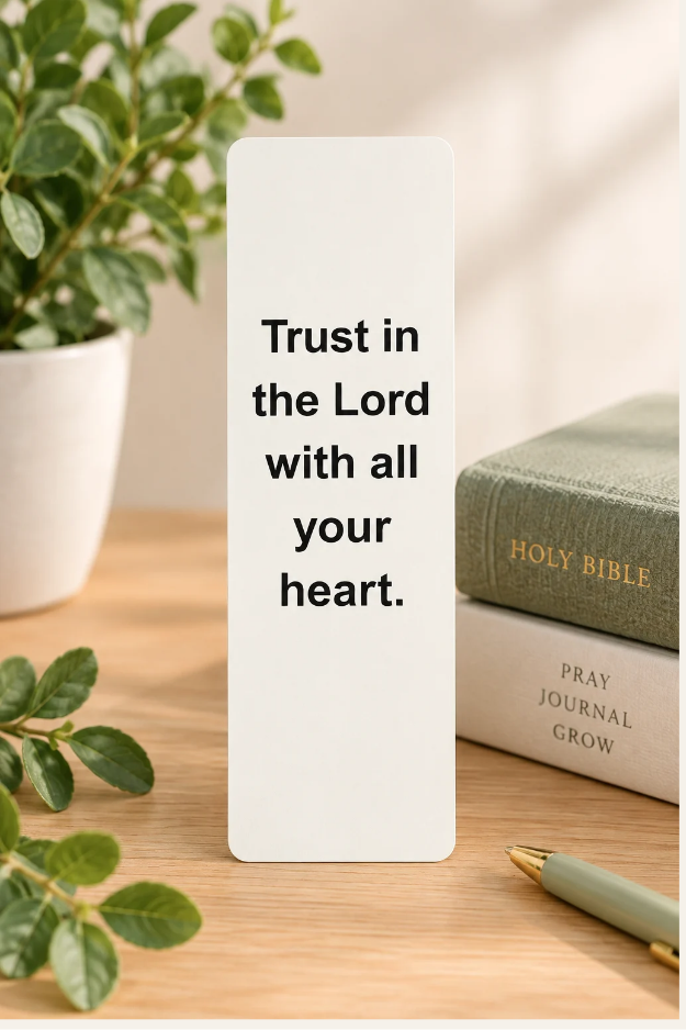 Trust in the Lord Christian bookmark inspired by Proverbs 3:5, displayed with a Bible, prayer journal, and greenery.
