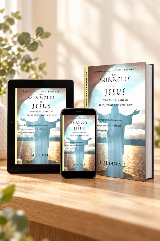 The Miracles of Jesus Bible study by L. M. Duvall shown in paperback, tablet, and smartphone formats on a light-oak table.