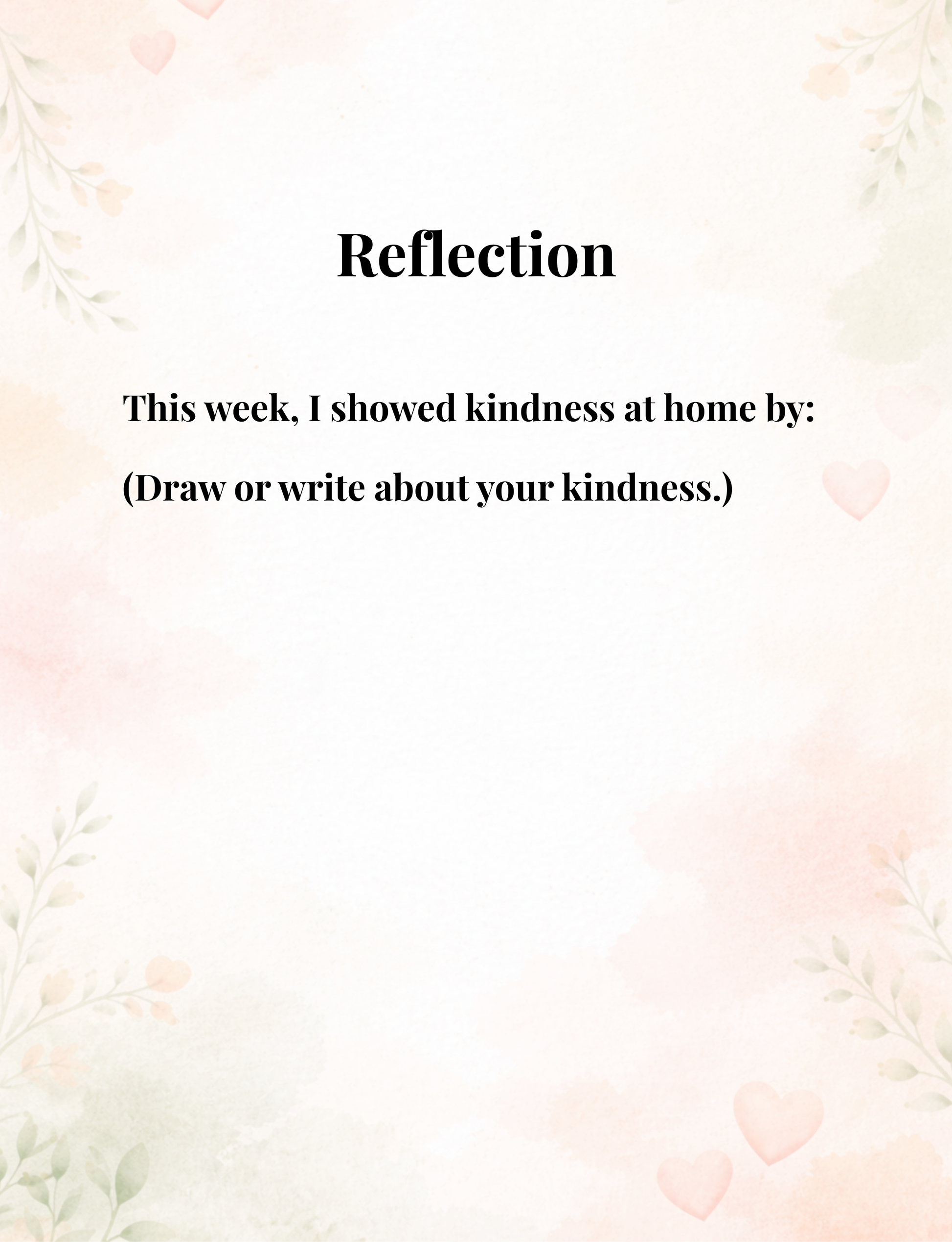 Reflection activity page from the children’s devotional Small Acts. Big Love., inviting kids to draw or write how they showed kindness at home, with soft watercolor hearts and botanical accents.