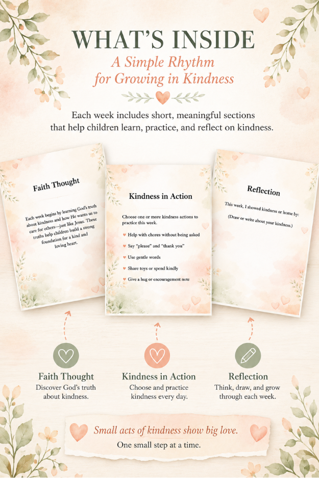 Small Acts. Big Love. children’s devotional interior preview featuring Faith Thought, Kindness in Action, and Reflection activities for growing in kindness.