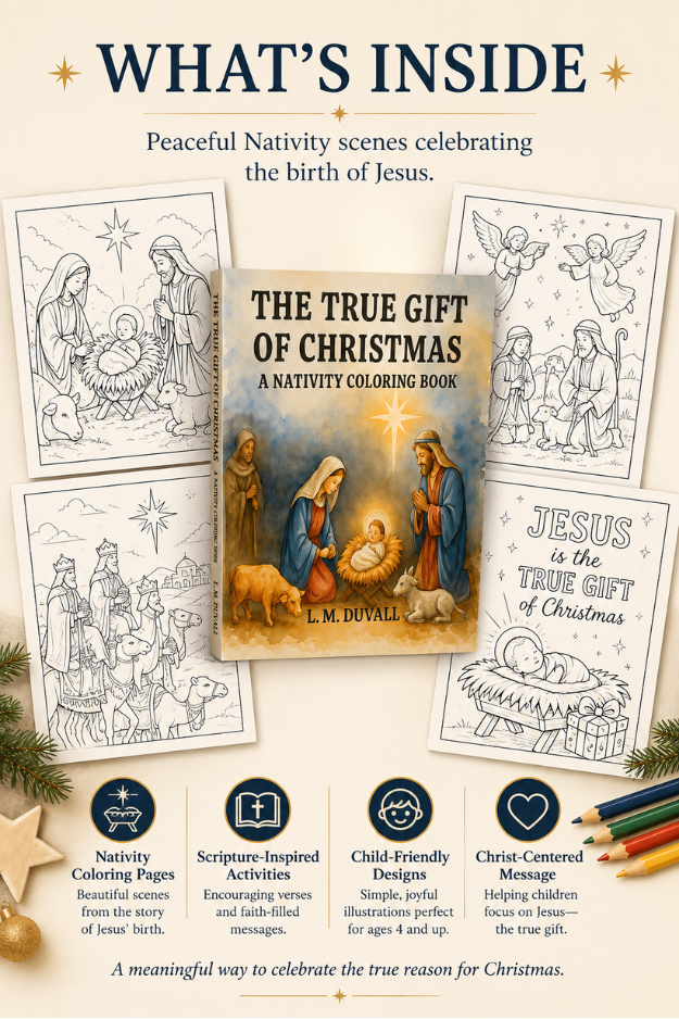 The True Gift of Christmas Nativity Coloring Book with sample coloring pages featuring the Holy Family, shepherds, wise men, angels, and Jesus.