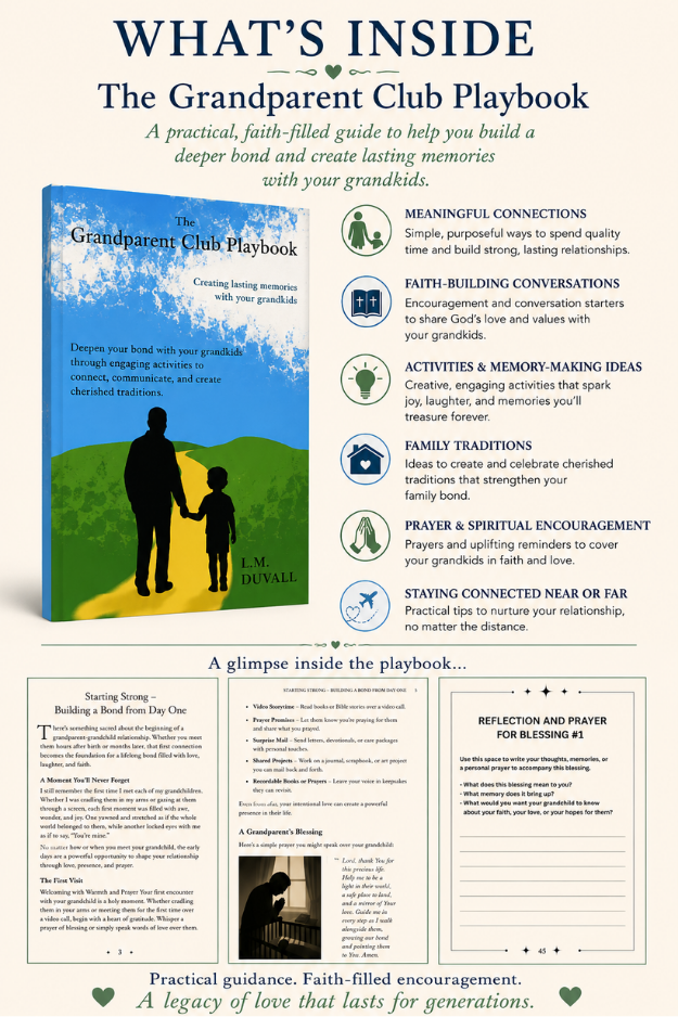 What’s Inside The Grandparent Club Playbook by L. M. Duvall, featuring faith-building activities, family connection ideas, prayer, and interior page previews.
