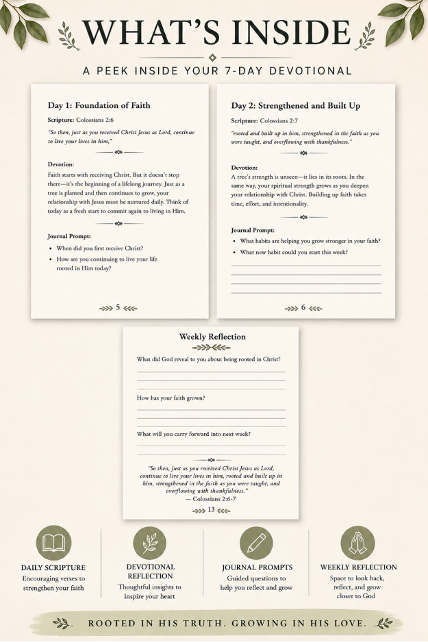 Inside the Anchored in Christ 7-day devotional showing Day 1 and Day 2 Scripture readings, devotional reflections, journal prompts, and a weekly reflection page.