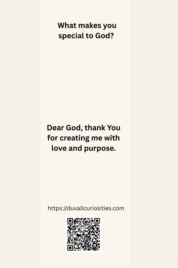 “What makes you special to God?” bookmark back with prayer, website URL, and QR code on a soft cream background.