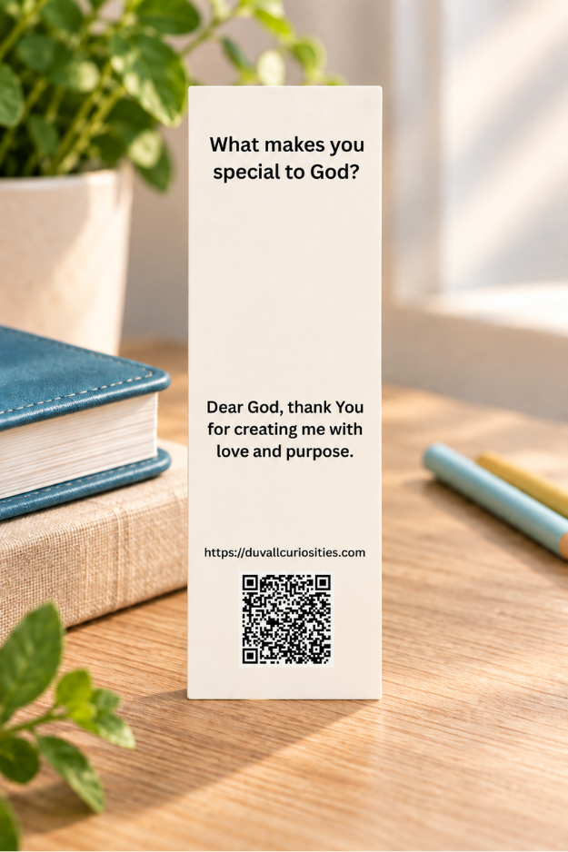 Back of You Are God’s Masterpiece Christian bookmark featuring a reflection question, prayer, and QR code for Duvall Curiosities.