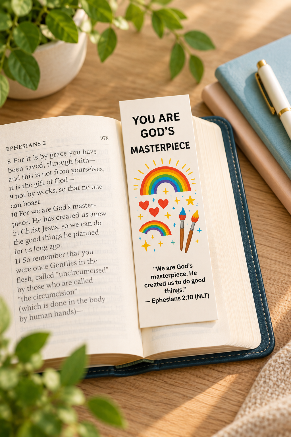 You Are God’s Masterpiece Ephesians 2:10 Christian bookmark displayed in an open Bible with colorful rainbow and art-themed design.