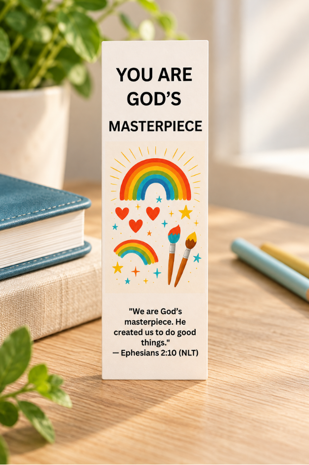 You Are God’s Masterpiece Christian bookmark featuring Ephesians 2:10 with colorful rainbows, hearts, stars, and paintbrushes.