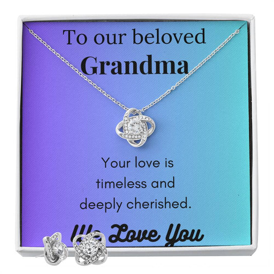 To Our Beloved Grandma Love Knot Earrings and Necklace Set with Message Card