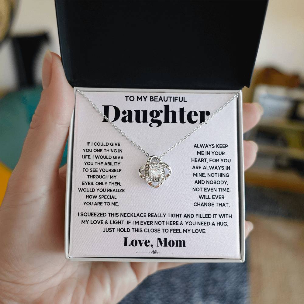 To My Beautiful Daughter Love Knot Necklace with Message Card