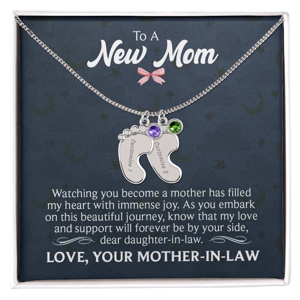 New Mom Baby Feet with birthstone and message card from Mother-in-Law