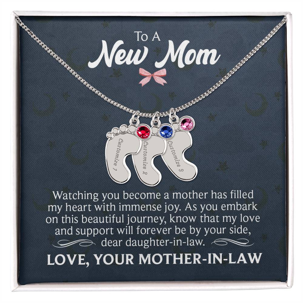 New Mom Baby Feet with birthstone and message card from Mother-in-Law