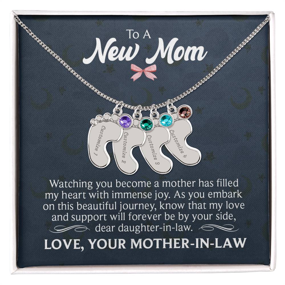 New Mom Baby Feet with birthstone and message card from Mother-in-Law