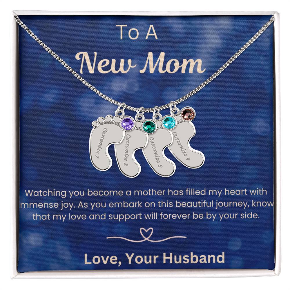 New Mom Baby Feet with birthstone and message card from Husband