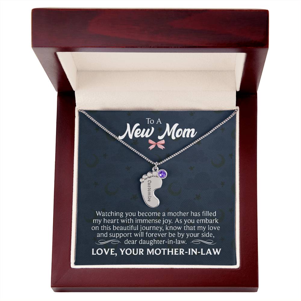 New Mom Baby Feet with birthstone and message card from Mother-in-Law