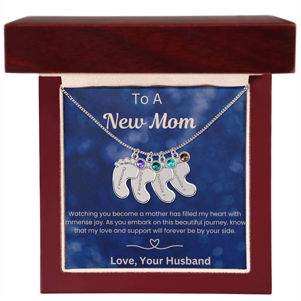 New Mom Baby Feet with birthstone and message card from Husband