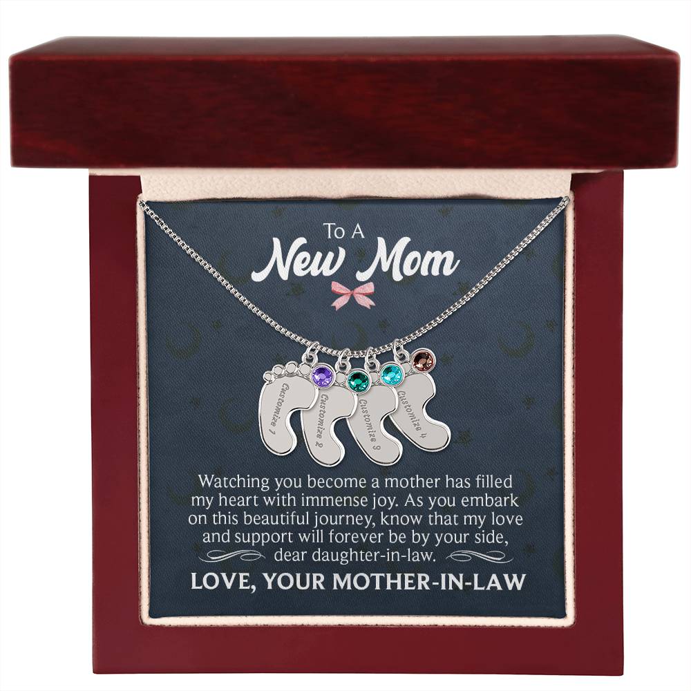 New Mom Baby Feet with birthstone and message card from Mother-in-Law