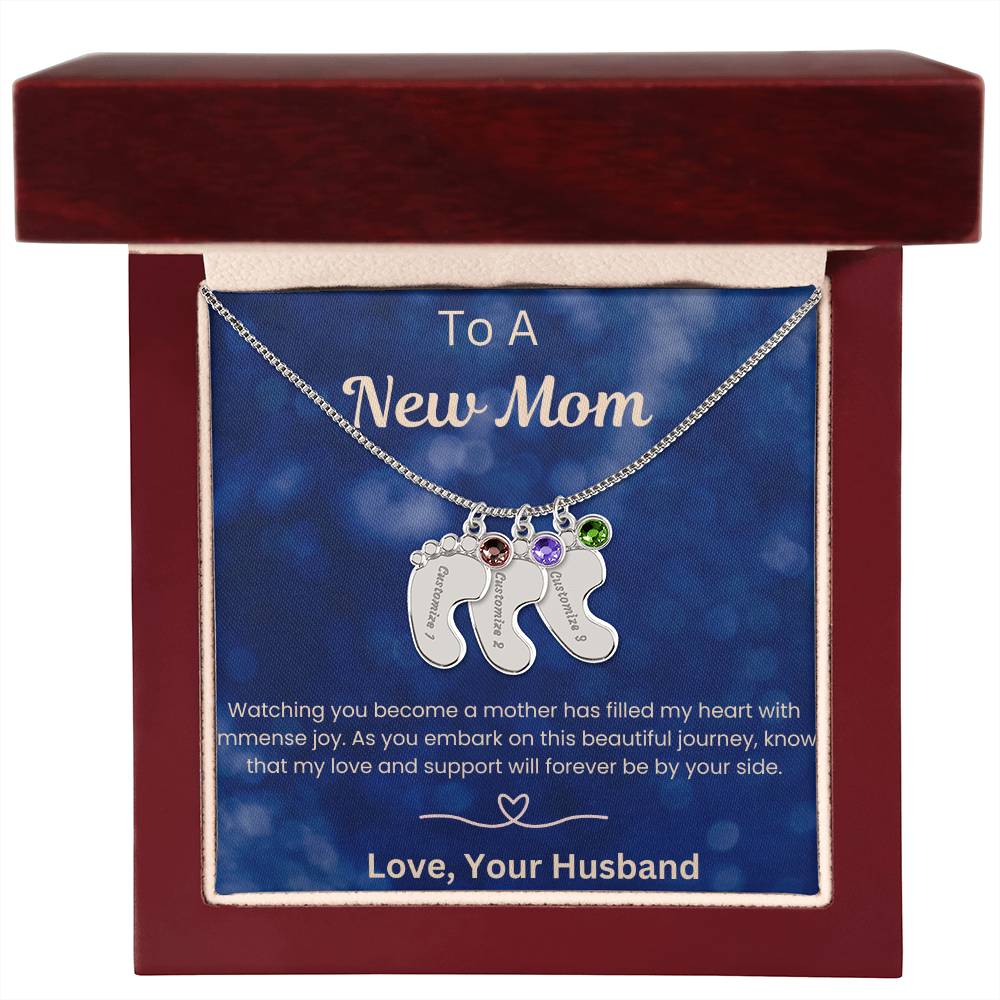 New Mom Baby Feet with birthstone and message card from Husband