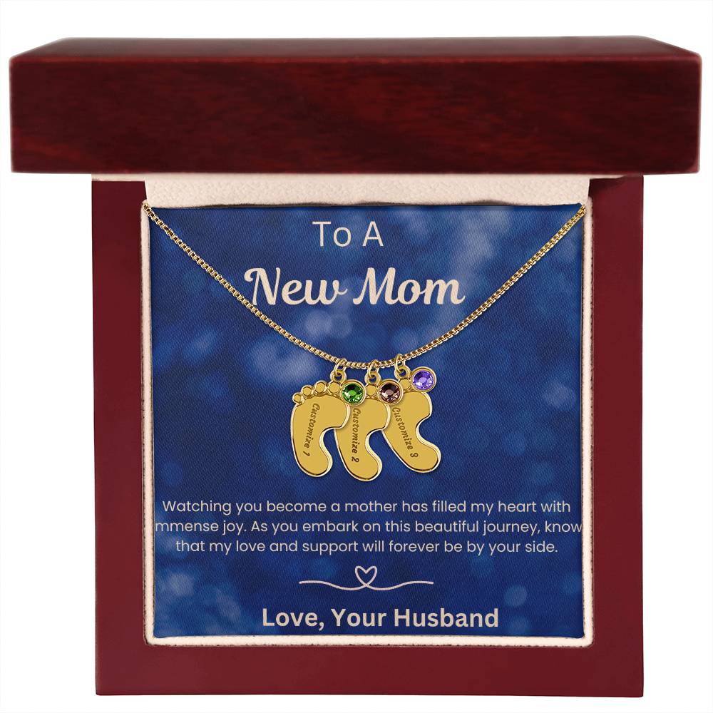 New Mom Baby Feet with birthstone and message card from Husband