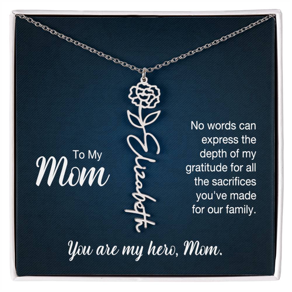 To My Hero Mom Custom Flower Name Necklace with Message Card