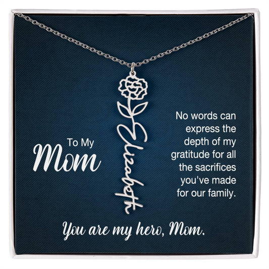 To My Hero Mom Custom Flower Name Necklace with Message Card