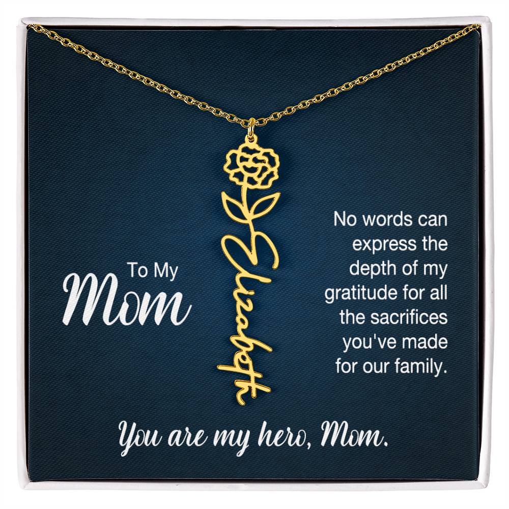 To My Hero Mom Custom Flower Name Necklace with Message Card