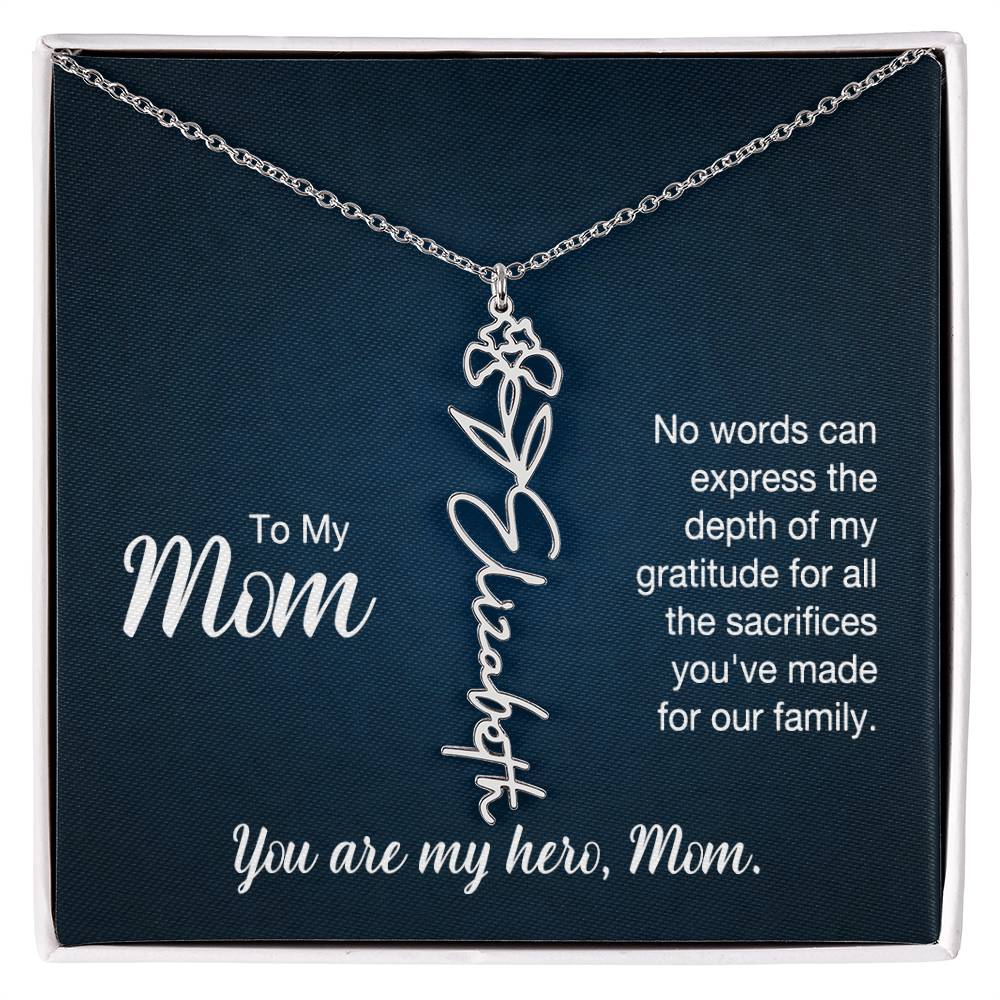 To My Hero Mom Custom Flower Name Necklace with Message Card