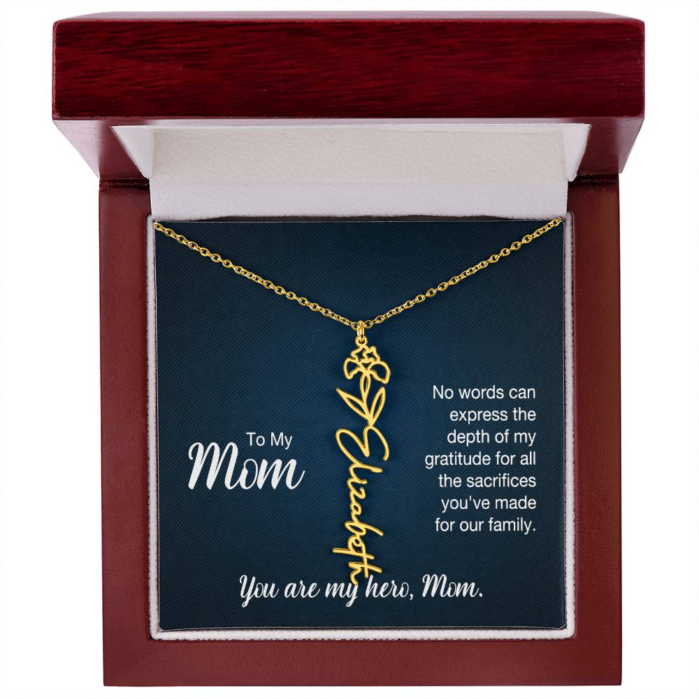 To My Hero Mom Custom Flower Name Necklace with Message Card