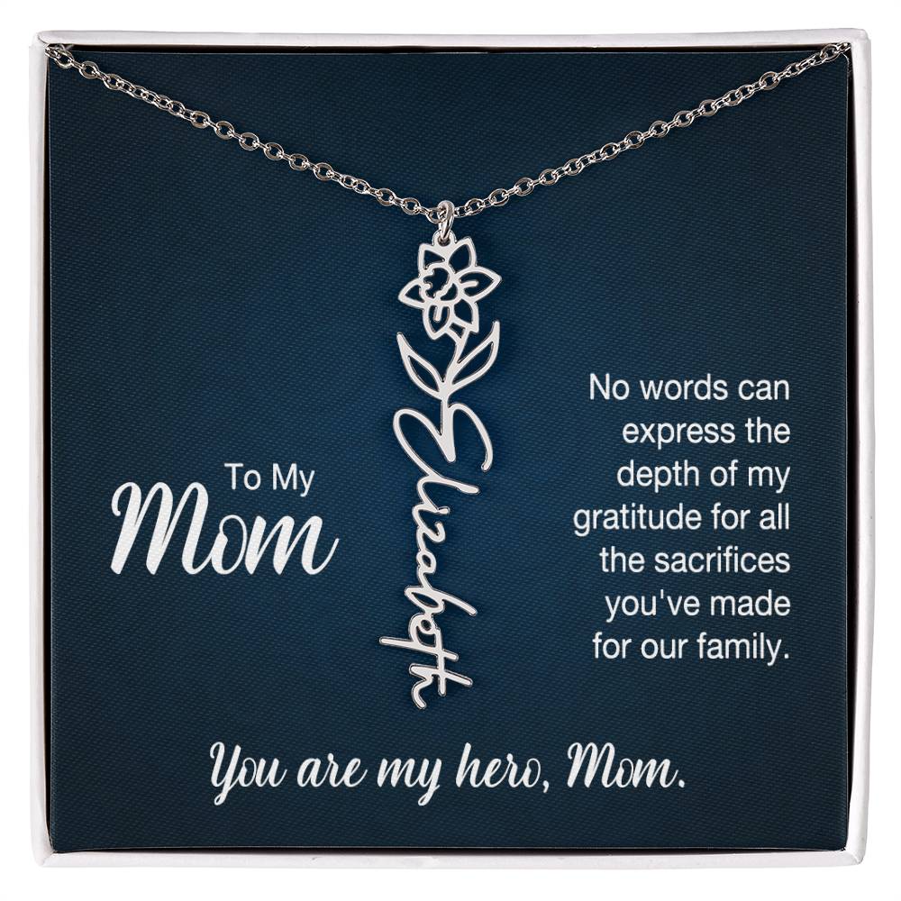 To My Hero Mom Custom Flower Name Necklace with Message Card