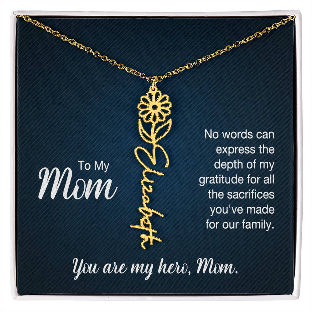 To My Hero Mom Custom Flower Name Necklace with Message Card