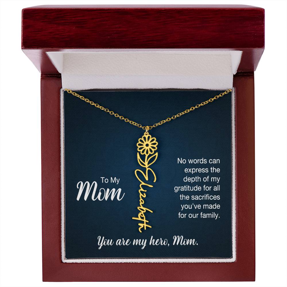 To My Hero Mom Custom Flower Name Necklace with Message Card