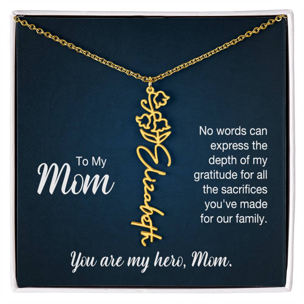 To My Hero Mom Custom Flower Name Necklace with Message Card