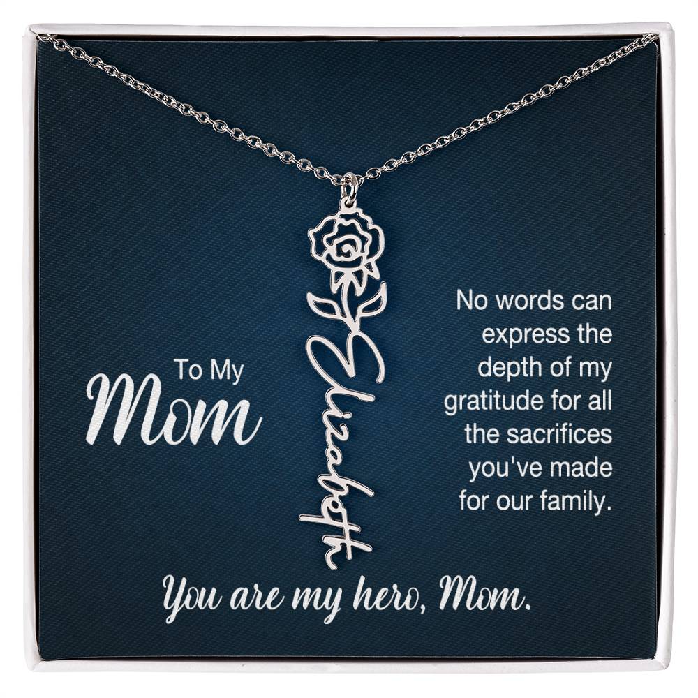 To My Hero Mom Custom Flower Name Necklace with Message Card