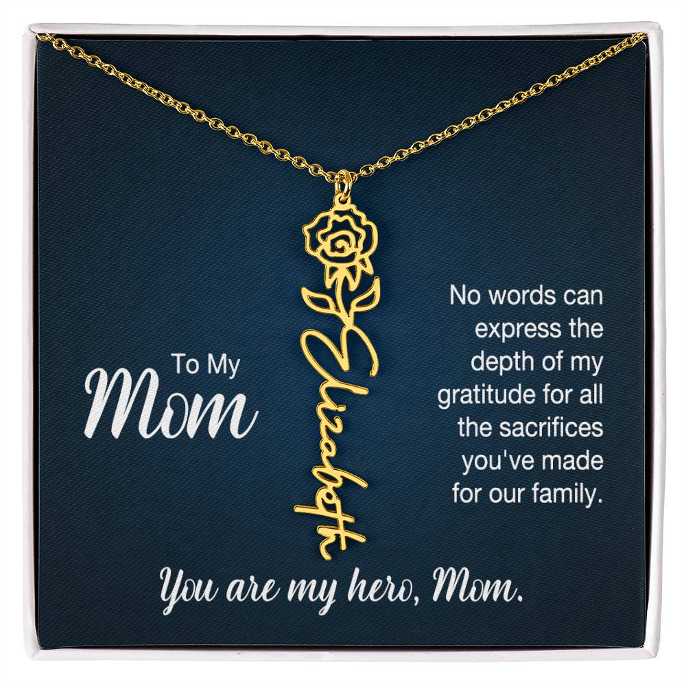 To My Hero Mom Custom Flower Name Necklace with Message Card