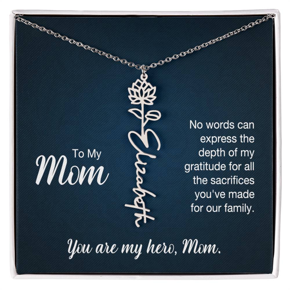 To My Hero Mom Custom Flower Name Necklace with Message Card