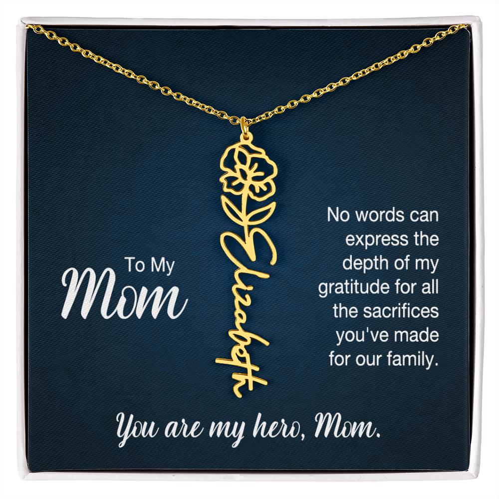 To My Hero Mom Custom Flower Name Necklace with Message Card