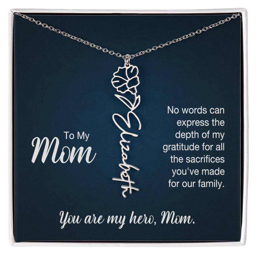 To My Hero Mom Custom Flower Name Necklace with Message Card