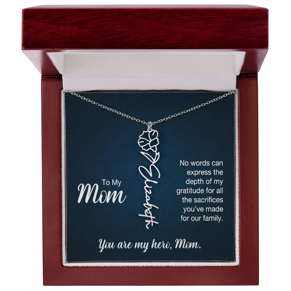 To My Hero Mom Custom Flower Name Necklace with Message Card