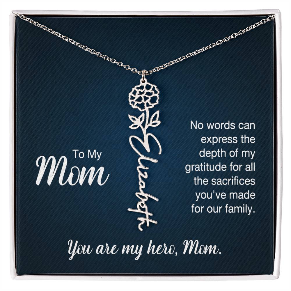 To My Hero Mom Custom Flower Name Necklace with Message Card