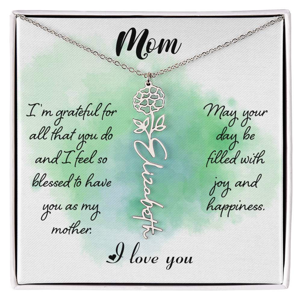 To My Mom Custom Flower Name Necklace with Message Card