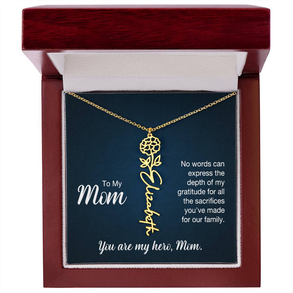 To My Hero Mom Custom Flower Name Necklace with Message Card