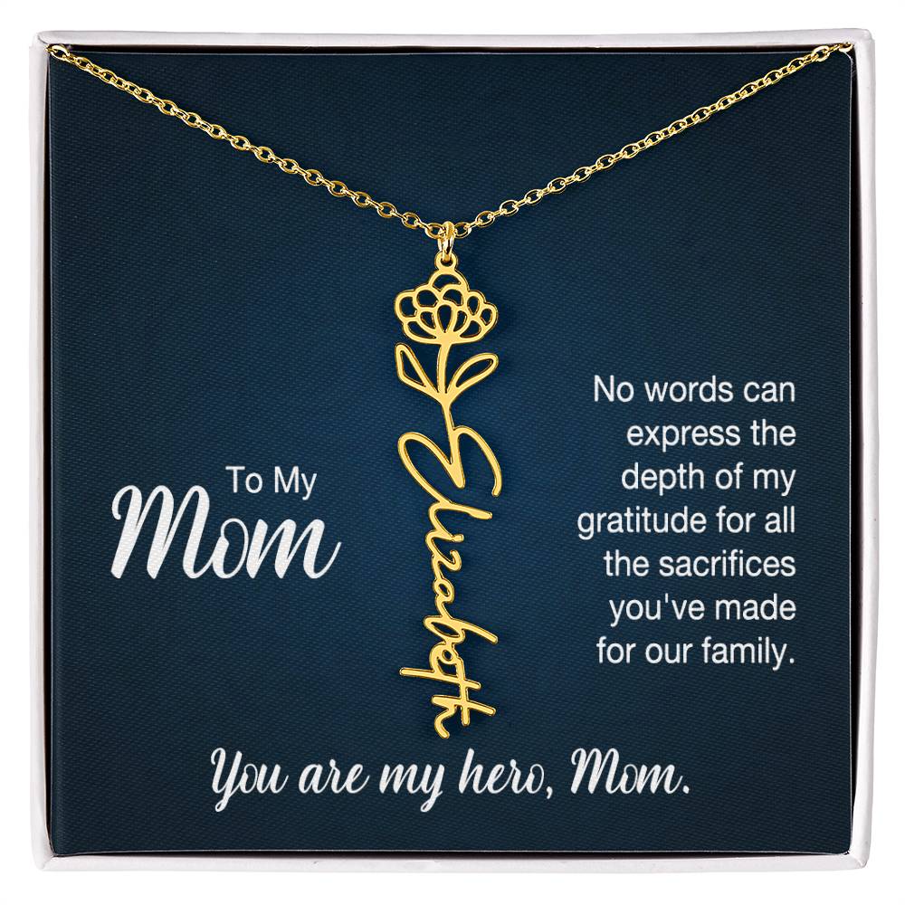 To My Hero Mom Custom Flower Name Necklace with Message Card