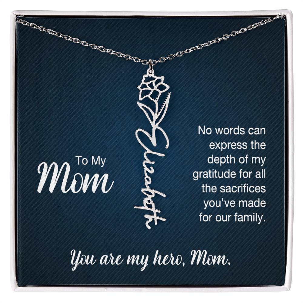 To My Hero Mom Custom Flower Name Necklace with Message Card