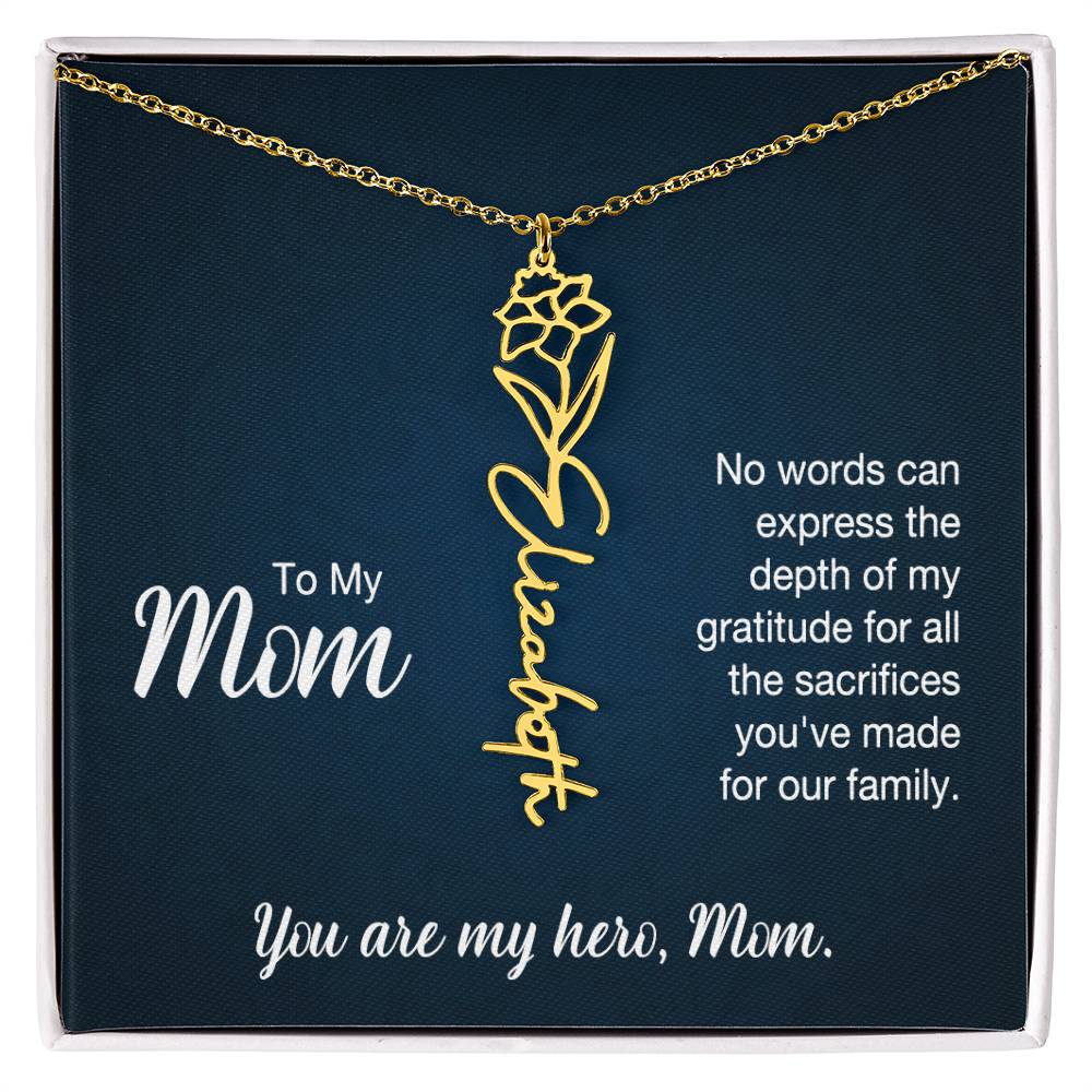 To My Hero Mom Custom Flower Name Necklace with Message Card