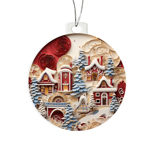 Charming Snowy Village: Cozy Winter Wonderland Scene Ornament