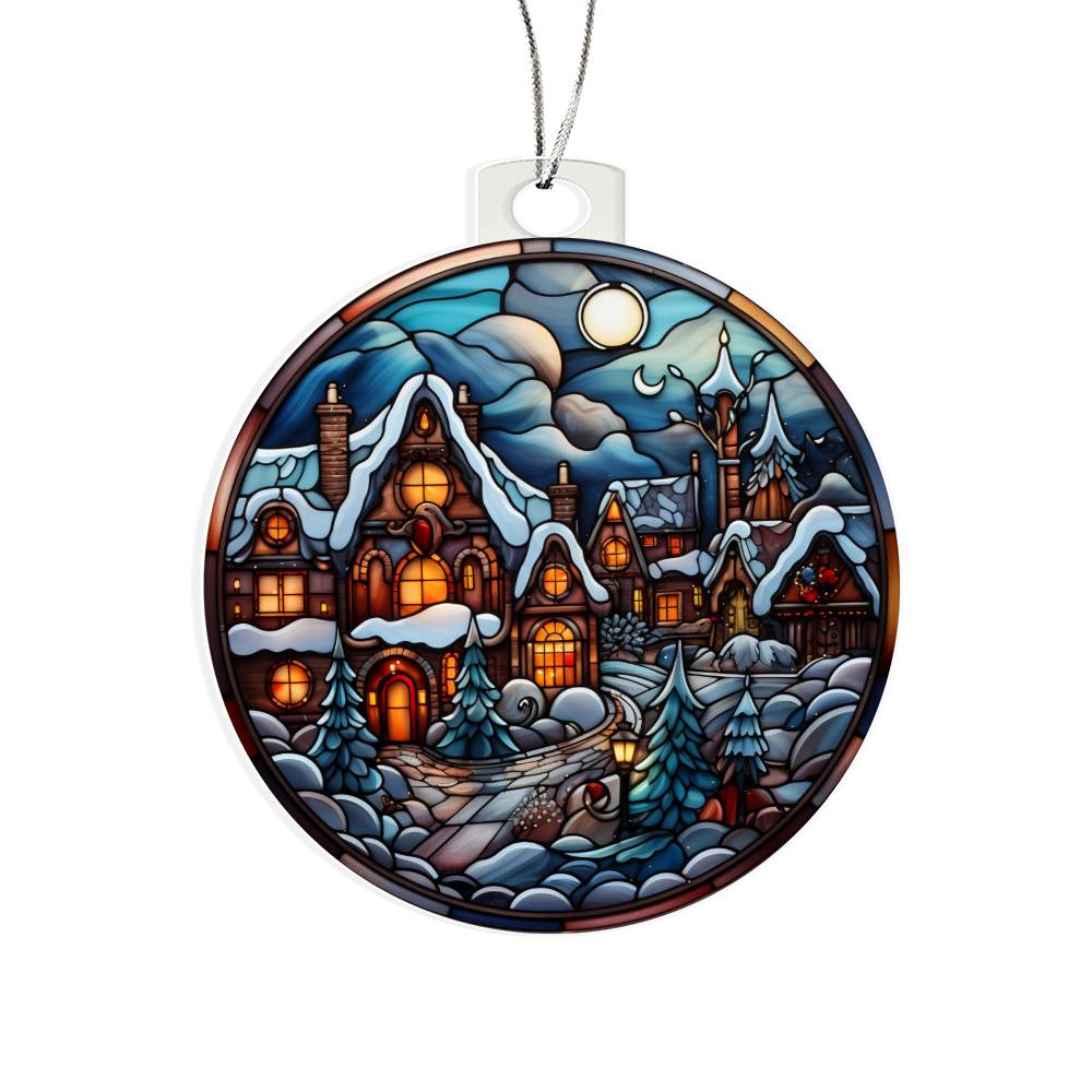 Enchanted Moonlit Village: Stained Glass Winter Wonderland Ornament