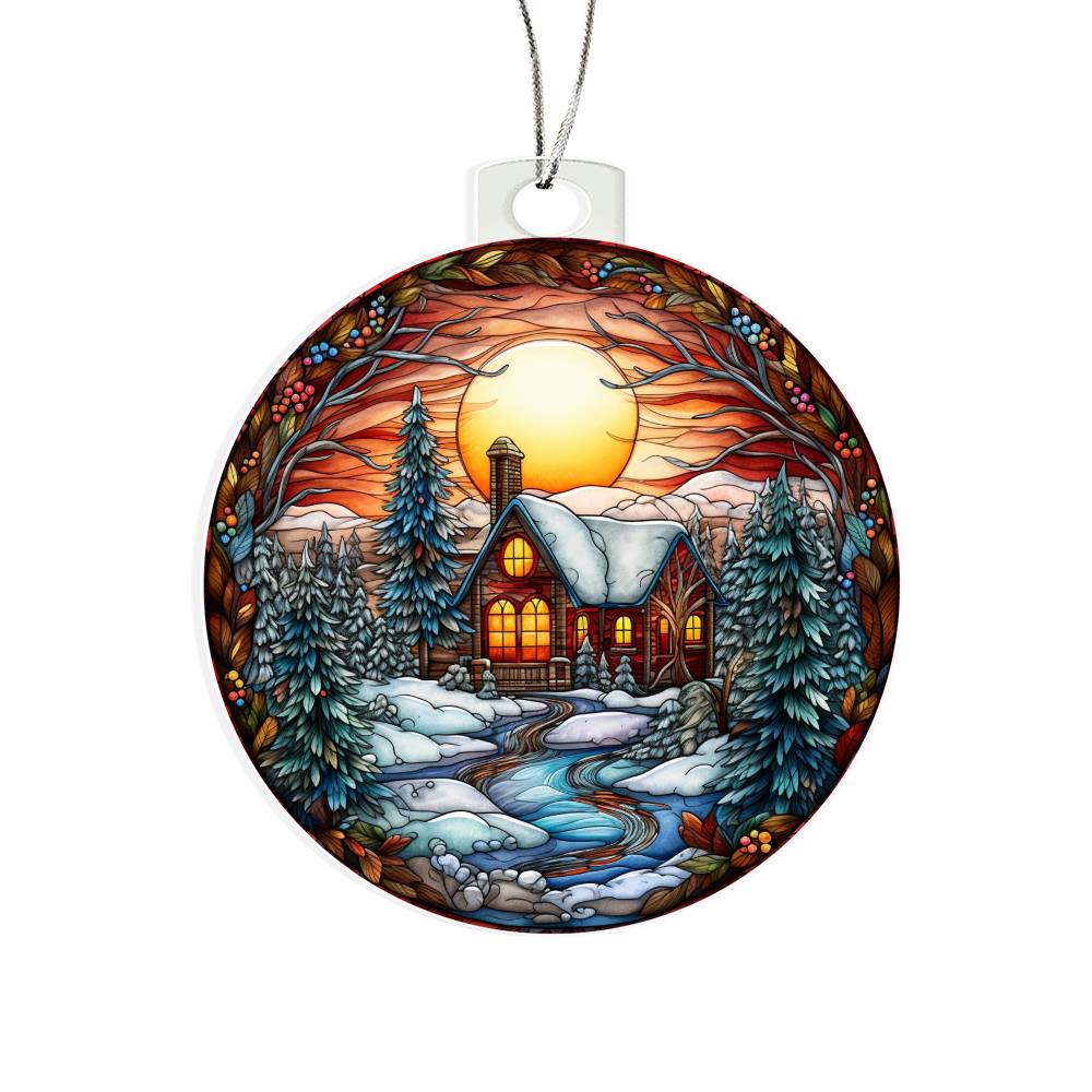 Cozy Cabin at Sunset: Embracing the Warmth of Winter's Glow Ornament