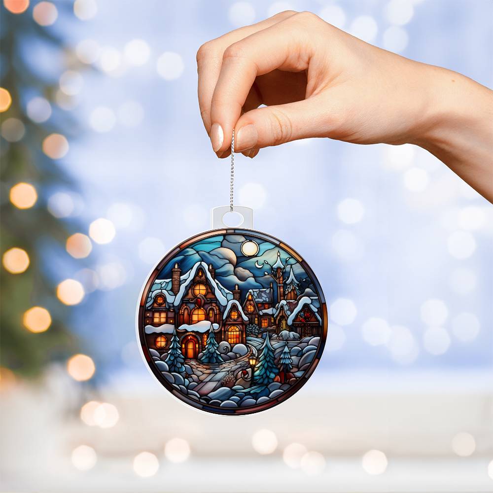 Enchanted Moonlit Village: Stained Glass Winter Wonderland Ornament